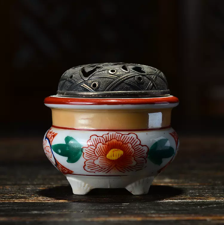 日本九谷烧】昭和时期古美术纯手绘熏香炉，露字老银盖香道具-Taobao