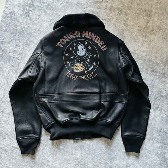 
G1 Leather Jacket Real Fur Collar Filet Cat Pakistani Goat Leather Retro Men's and Women's Military Style Leather Jacket