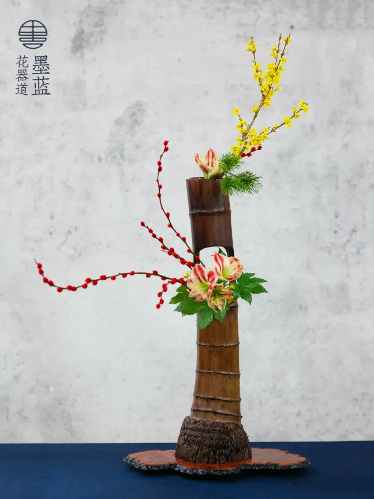竹筒花器带根中华花艺竹制花瓶摆件禅意中式日式瓶花插花器皿-Taobao 