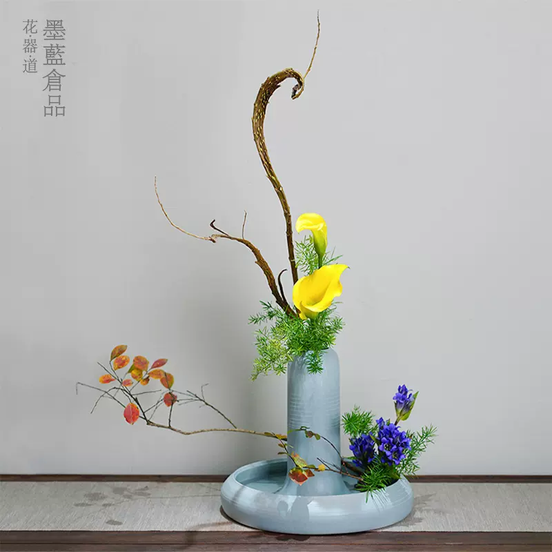 日本進口新型小原流花器日式花道插花器皿花盤花瓶投入瓶四腳接水盤-Taobao
