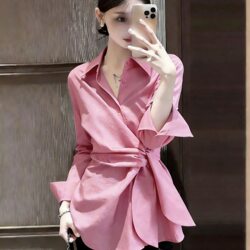 Chic, Unique, and Beautiful Lace-Up Blouse for Women, Spring Wear, Polo Collar, New Style Shirt, Stylish and Versatile, Solid Color