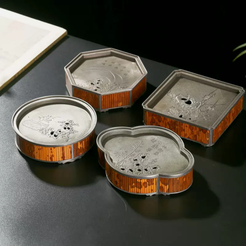 古錫 茶池 棉湖・楊家芝源 造 「錫嵌湘妃竹梅花形建水壺承」 茶盤 茶盆 純錫 茶道具 金工 茶器 唐物 時代物 LT-0869 潮汕手工錫製茶盤泰昌號錫器中國風工夫茶儲水式茶船錫材質中式茶盤