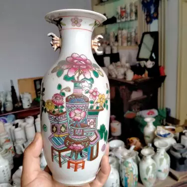 精品尺瓶民国博古名家胡荣茂硬地粉彩博古插花尺瓶，花瓶，口，-Taobao