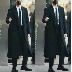 
The same black double-breasted long wool coat for men's commuting classic suit collar wool jacket