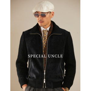 
Te Uncle BC blue knitted spliced ​​retro leather jacket sheepskin men's lapel jacket slim men's autumn and winter jacket