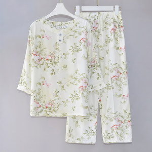 
Cotton silk women's pajamas, summer home wear, thin cotton silk three-quarter sleeves, fashionable printing, young mid-sleeve cotton silk suit