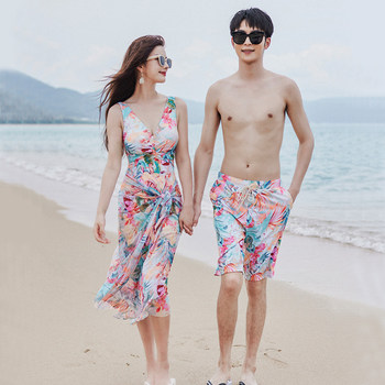 Fashionable couple swimsuit 2025 new small breasts gathered briefs jumpsuits for women swimsuits men's beach pants
