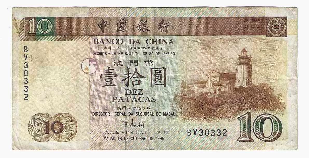 中國澳門紙幣中國銀行澳門幣10元1995年葡萄牙殖民地時期