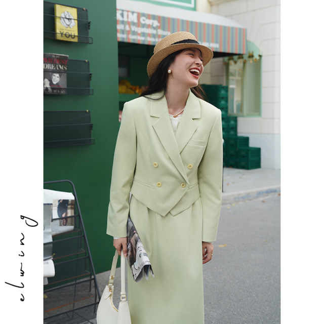 Elwing original fruit green long-sleeved suit high waist skirt suit women's 2025 autumn new casual two-piece set