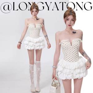 
Dragon Recommends [Puff Girl] Polka Dot Lace Female Summer Pure Desire Hot Girl One Shoulder Fishbone Tube Top
