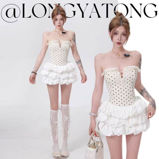 
Dragon Recommends [Puff Girl] Polka Dot Lace Female Summer Pure Desire Hot Girl One Shoulder Fishbone Tube Top