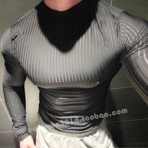 
Thin sexy striped see-through men's tight-fitting long-sleeved half-turtle collar ice silk high-elastic fitness T-shirt for comfortable inner wear