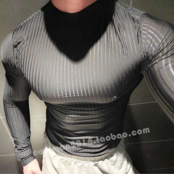 
Thin sexy striped see-through men's tight-fitting long-sleeved half-turtle collar ice silk high-elastic fitness T-shirt for comfortable inner wear
