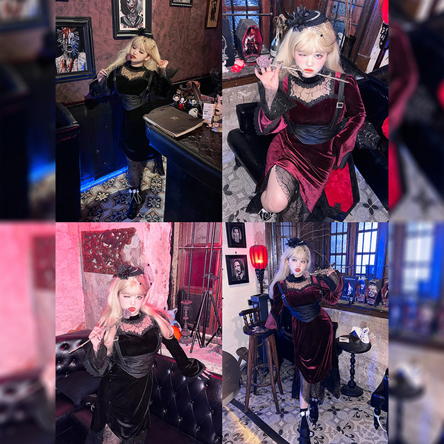 Hardcandy hard sugar large size original slim slim velvet dress retro Gothic vest set
