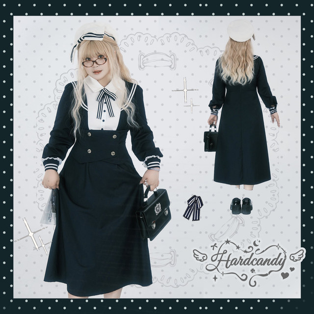 Hard candy plus size college style navy collar fake two piece lace dress