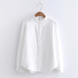 Spring and Autumn New Pure Cotton Linen Artistic Small Stand Collar Shirt for Women, Long-Sleeve Versatile Professional White Blouse