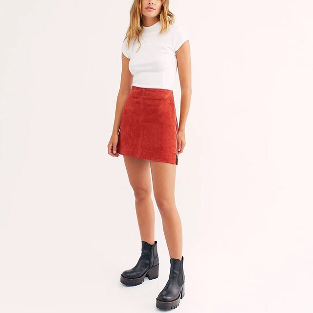 Clearance spot Blank Denim A-line high-waist slit zipper to make you look slim suede mini mini skirt red and green