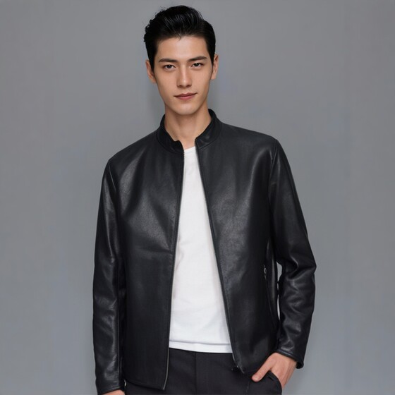 
Faleketi autumn and winter new stand collar genuine leather leather jacket for men sheepskin business vacation handsome single leather jacket