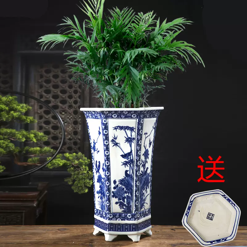 景德镇陶瓷花盆六方兰花卉花鸟植物手绘青花瓷花盆大号带托盘包邮-Taobao