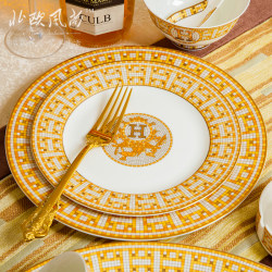 Mosaic Freely Combinable High-End Bone China Single Bowl, Plate, and Dish Set, Jingdezhen European-Style Light Luxury Gold-Rimmed Tableware Set