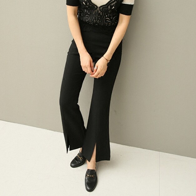 2024 Autumn and Winter Women's Roman Cotton Micro-Flame Trousers with Slit Black Slim Cropped Pants High Waist Pack Big Size Elastic