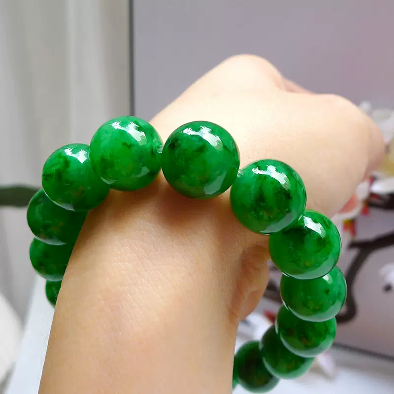 平生翡翠YS037冰种阳绿辣绿满绿色大珠翡翠手串玉珠子珠链手珠串-Taobao