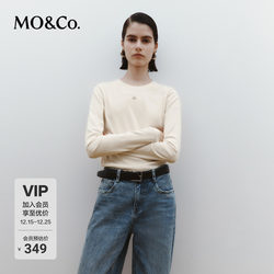 Moco Long-Sleeve T-Shirt with Metal Logo, Long-Staple Cotton, Fine Knit, Comfortable Crew Neck, Regular Shoulder, Basic Style, Moco