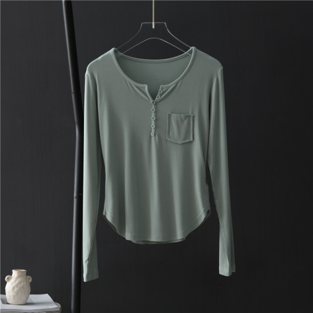 Mao -edge pocket arc swinging long -sleeved T -shirt female summer 2025 new slim round neck thread cotton bottom shirt