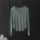 Mao -edge pocket arc swinging long -sleeved T -shirt female summer 2025 new slim round neck thread cotton bottom shirt