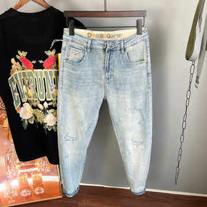 
Ultra-thin and flesh-proof 2026 summer trend patch loose elastic tapered foot stretch denim nine-point pants for men