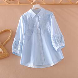 2025 Spring/Summer Heavy Embroidery Lace Patchwork Lapel Shirt for Women, Loose Fit, Artistic, Versatile, Solid Color, Pure Cotton Top