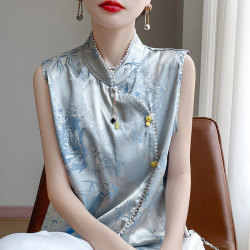 New Chinese style satin silk buttoned cardigan top