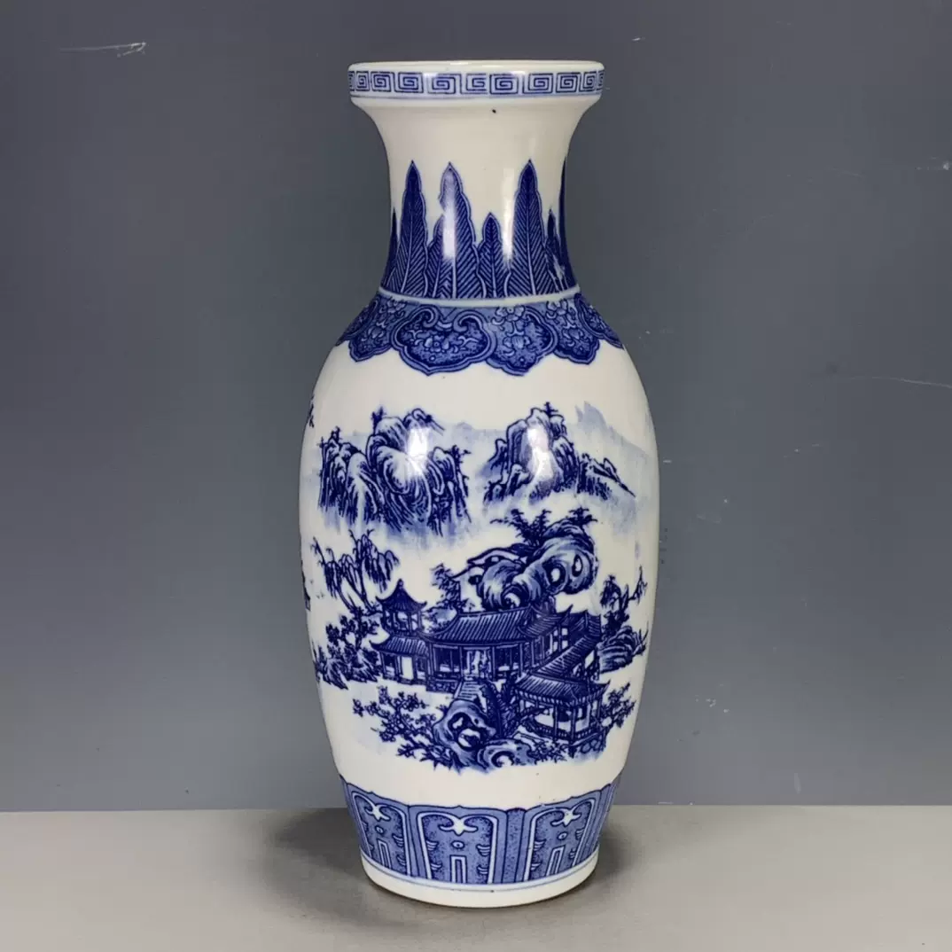 海外回流古董老货瓷器用品传世收藏清代乾隆年制青花回流山水花瓶-Taobao