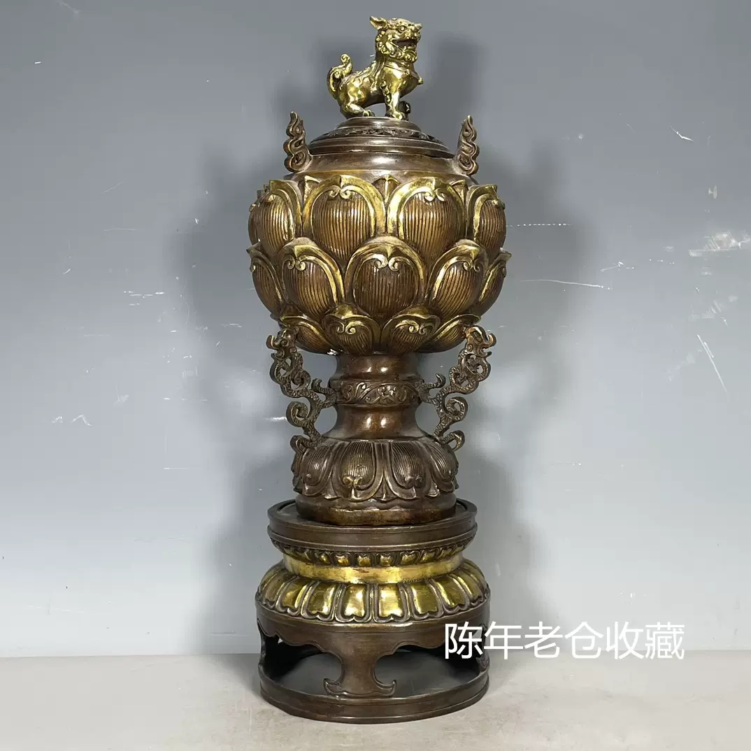 古玩古董老货收藏真品铜器装饰摆件纯铜鎏金老物件莲花狮子熏香炉-Taobao