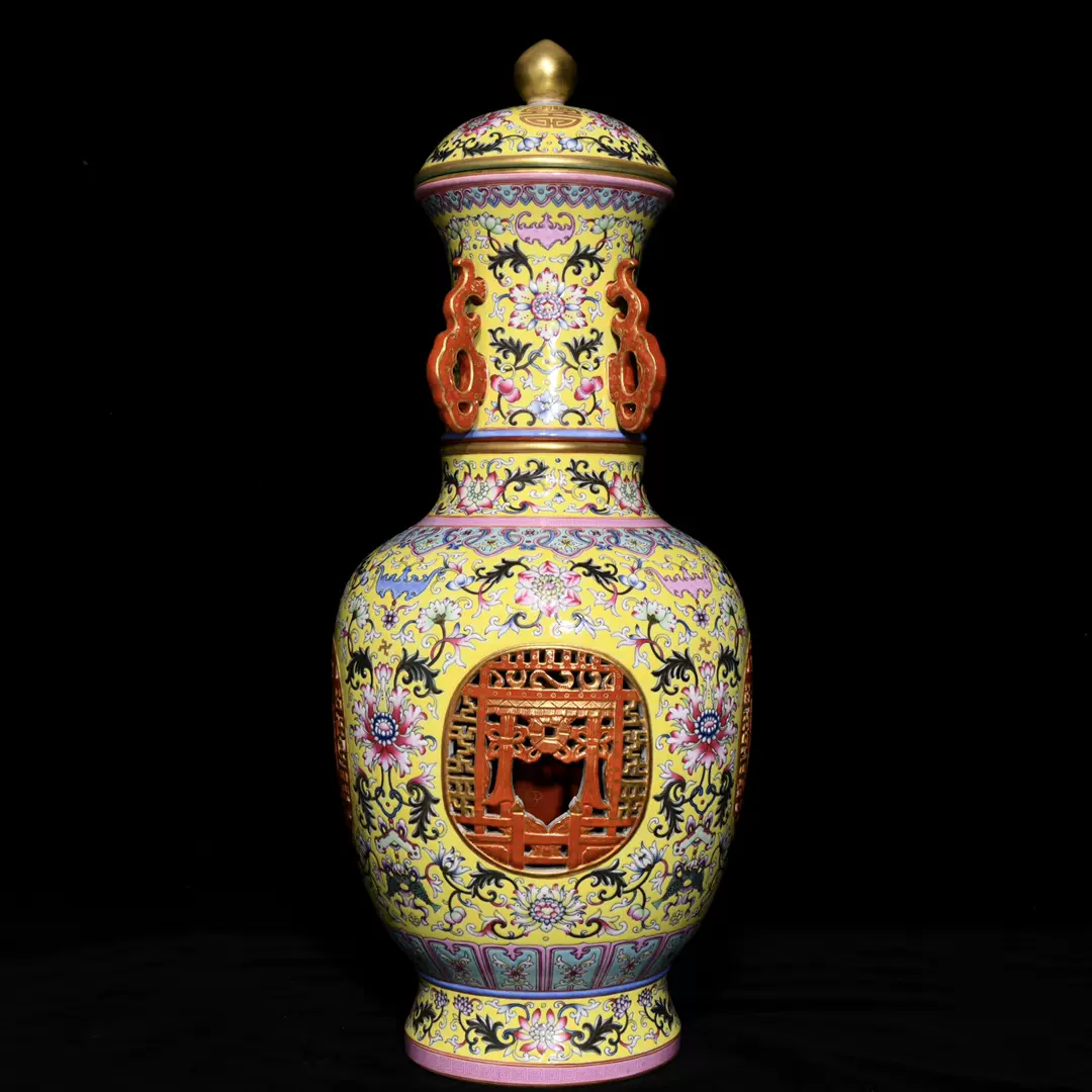 乾隆珐琅彩鎏金福寿花卉纹镂空转心瓶，高53cm直径22cm-Taobao