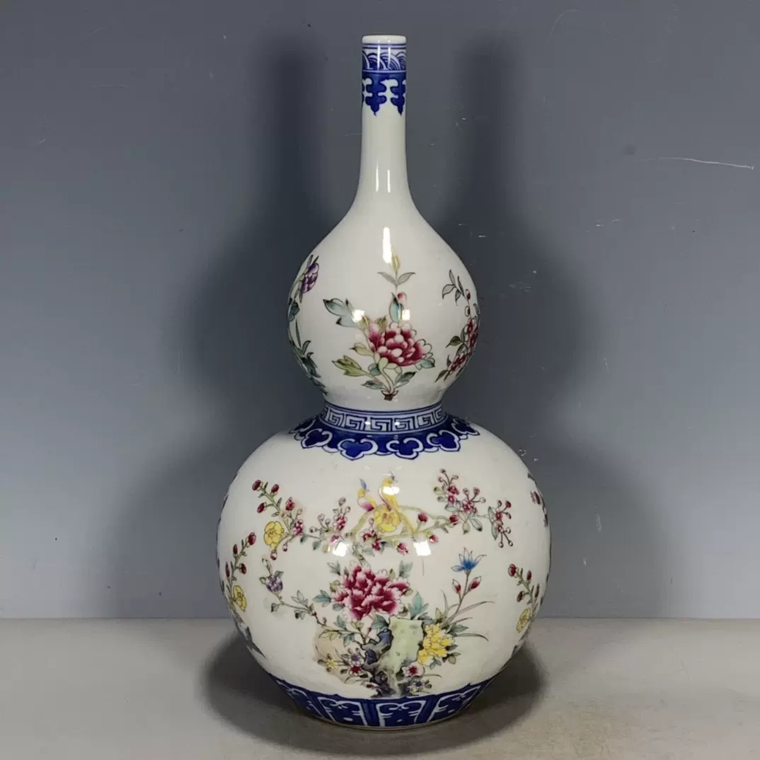 欧洲回流瓷器用品清代乾隆年制青花粉彩花鸟回流葫芦花瓶包老保真-Taobao