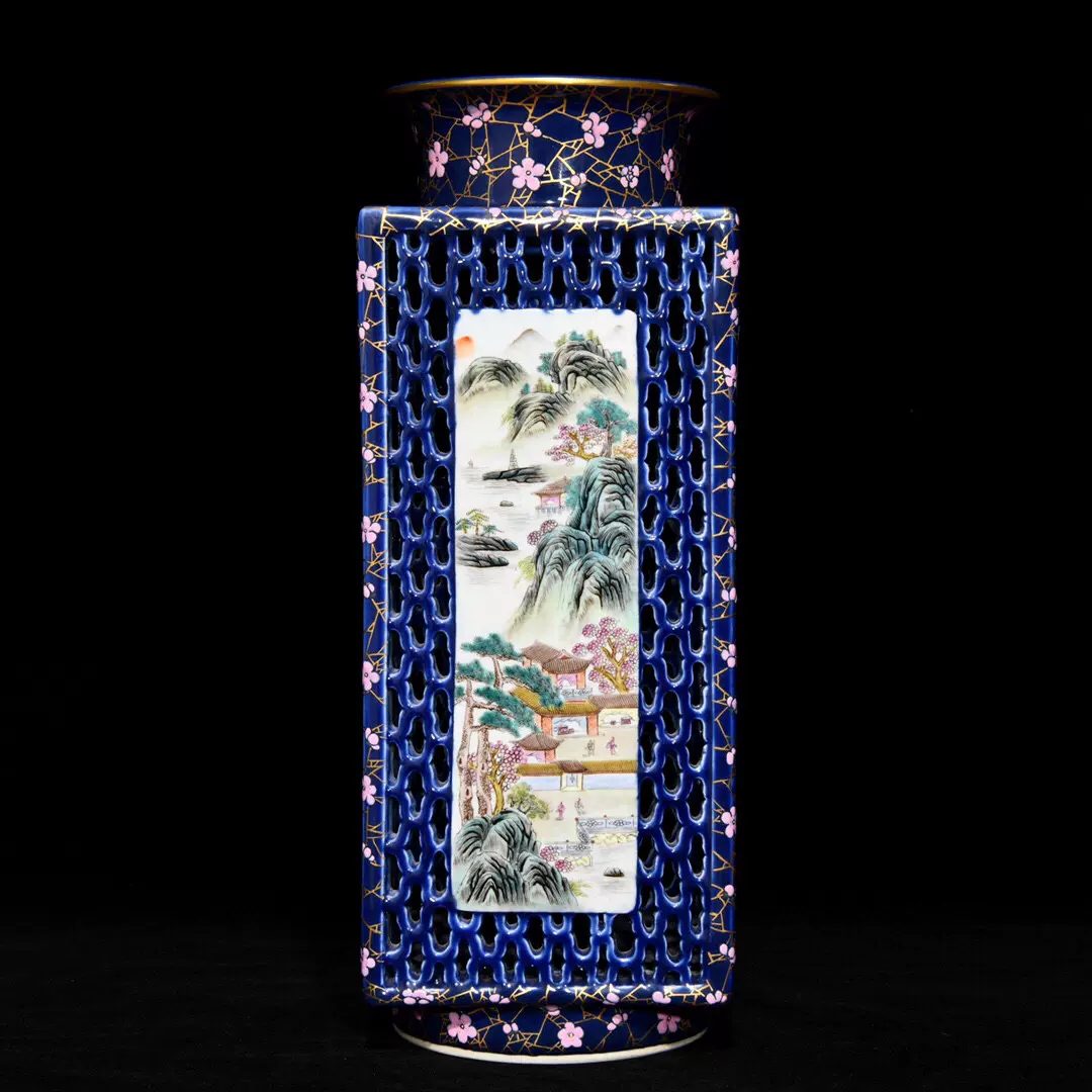 清乾隆祭蓝釉镂空粉彩描金山水人物纹棕式瓶，35cm直径13.2cm，-Taobao