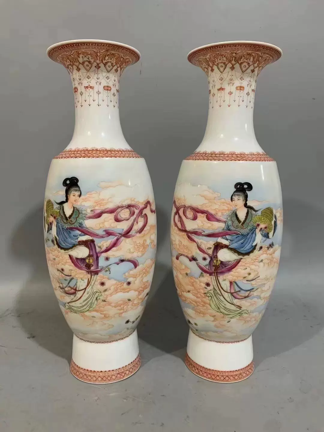 中国花瓶 景德镇 古董品 重工粉彩 山水紋 松鶴 特大高さ82cm古美術