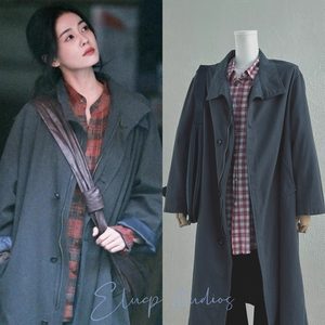 
Spot white deer star's same style retro literary gray green loose mid-length windbreaker coat Korean version all-match coat