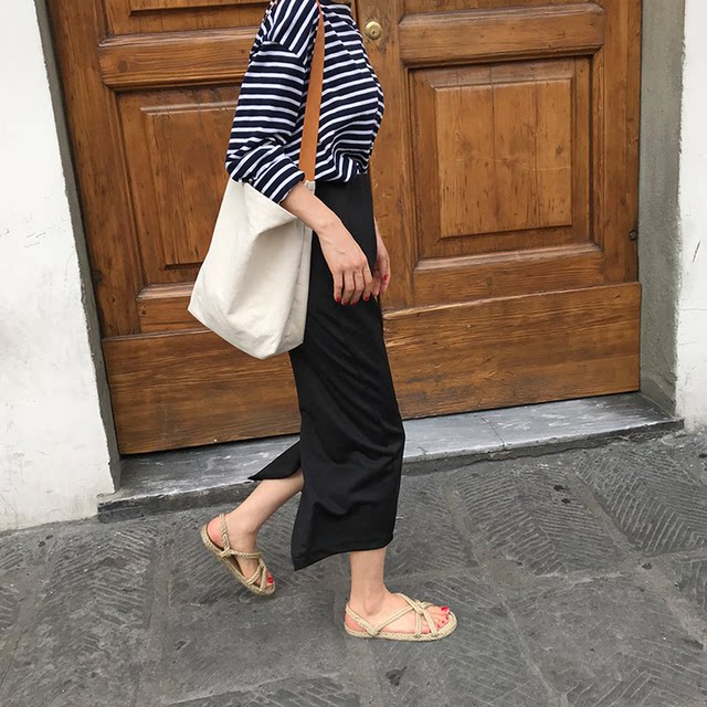 Spring and summer Roman cotton straight pencil slim high waist elastic mid-length skirt long skirt small black skirt large size