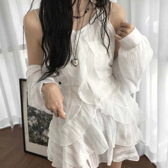 
Summer Notes Ballet Style Ruffled Sling Dress A-line Skirt Hot Girls High Waist Slim Short Skirt Small White Skirt