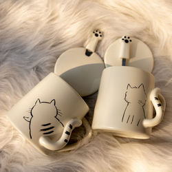 Cat Mug with Lid and Spoon, Ceramic Cup, Creative, Personalized, Trendy, Office, Simple, ins Household Coffee Cup