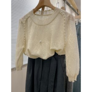 
2080 [Puff sleeves shoulder beads] Summer three-dimensional relief round neck short sleeve thin style hollow knitted sweater