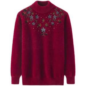 Middle -aged women's half -high -necked flowers imitation mink wool sweater middle -aged and elderly mother pretend to be thickened plus sweater grandma clothing