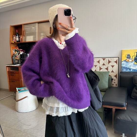 
25Ann studio2025 Korean style fashion casual versatile V-neck loose lazy style sweater for women purple