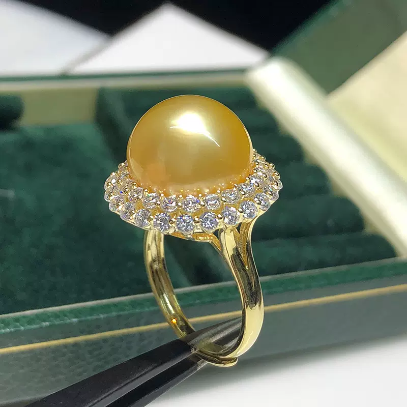 菲律宾天然南洋金珠戒指海水食指戒珍珠介指女款纯银镶嵌开口奢华-Taobao 