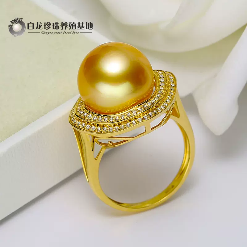 豪华浓金南洋金珠戒指女18K食指戒南阳海水珍珠介子正圆强光浓金-Taobao 