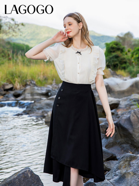 LAGOGO Commuter Career Irregular Skirt for Women Lagugu Summer New Black Temperament A-Shaped Mid-Long Skirt