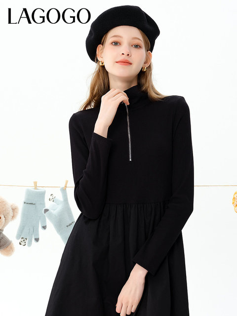 LAGOGO stand-up collar A-line black dress for women Lagugu Valley winter new style literary slim temperament splicing skirt