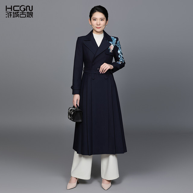 Hucheng Gu Niang Spring Chinese Style Heavy Industry Embroidery Temperature Slim Medium-length Variety Loose Large Size Women's Trench Coat